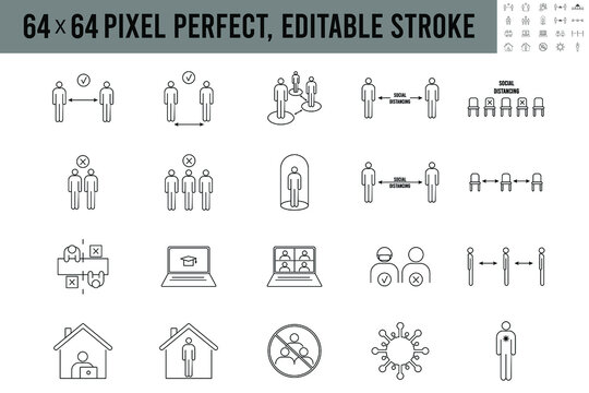 Simple Set Of Social Distancing Icon. Line Icons, Self Quarantine, Stay Home, Work From Home, Avoid Crowded Place, Space. Keep Your Distance. 64x64 Pixel Perfect, Editable Stroke Vector Illustration.