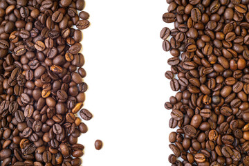 Roasted Coffee Beans background texture, isolated on white background frame on the edges with copy space for text on the middle, macro detailed photo.