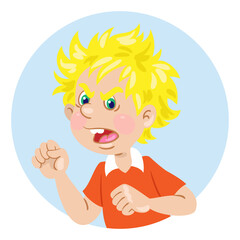 Avatar icon of angry boy. In cartoon style. Isolated on white background. Vector flat illustration.