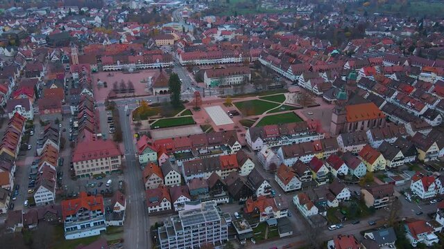 Aerial view of the old town of the city Freudenstadt in Germany, Baden-Württemberg on a late autumn day afternoon