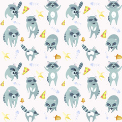 Seamless pattern with images of wild raccoons and food on a pink background