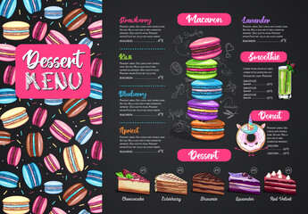 Chalk drawing dessert menu design with sweet french macaroons and cakes