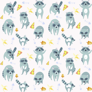 Seamless pattern with images of wild raccoons and food on a pink background