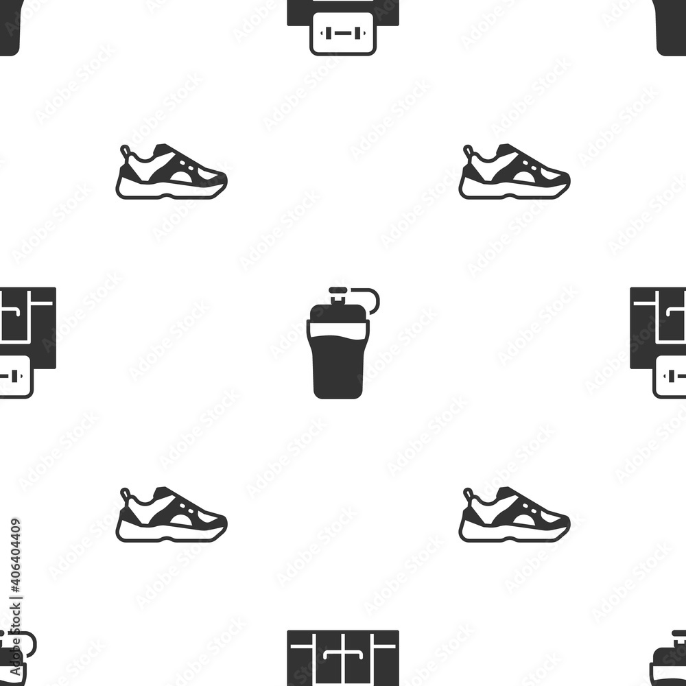 Sticker set gym building, fitness shaker and sport sneakers on seamless pattern. vector.