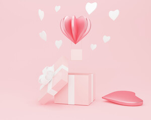 Fototapeta na wymiar Gift box with pink heart shape balloon floating in the sky, Happy Valentine Day banners, 3D render valentine's day background concept.