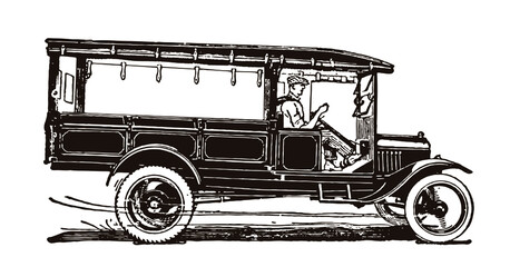 Man from early 20th century driving vintage delivery truck
