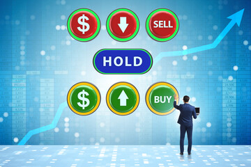 Concept of commercial choices between buying holding and selling