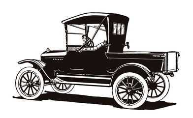 Antique light delivery runabout pickup truck in three-quarter back view., after engraving from early 20th century