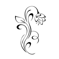 ornament 1478. one stylized flower Bud on a curved stem with leaves and curls in black lines on a white background