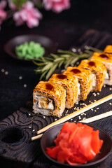 Fresh and delicious sushi rolls. Japanese traditional seafood.