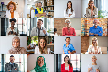 Montage composite image of multi ethnic people looking to camera and smiling. Headshot portraits of diverse smiling people. Collage of portraits ethnically diverse business people. - obrazy, fototapety, plakaty