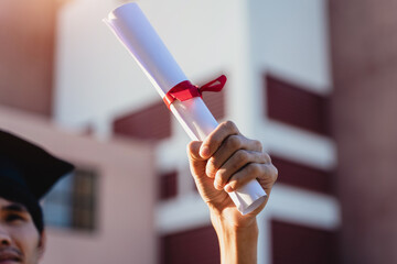 Close-up shot of a university graduate holding degree certification to shows and celebrate his success in the college commencement day with sunlight in the background. - obrazy, fototapety, plakaty