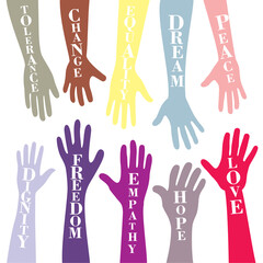 An abstract illustration of diverse giving hands on an isolated white background