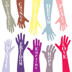 Fototapeta premium An abstract illustration of diverse giving hands on an isolated white background