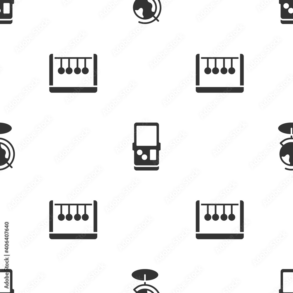 Poster set earth globe, tetris and pendulum on seamless pattern. vector.