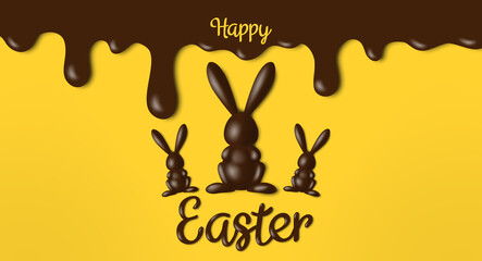 happy easter banner greeting card design with 3d chocolate rabbit figures and melted brown icing on yellow background