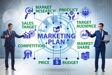 Marketing concept illustration with businessman pressing button