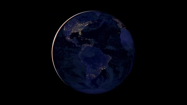 Earth at night from space - 24 hour Time-lapse showing full rotation. Extremely detailed realistic view showing man-made city lights from distant halo orbit around the Sun-Earth L2 Lagrange point.