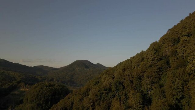 Aerial footage of forest covered hill surrounded by vast forested landscape and tiny village