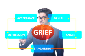 Concept of five stages of grief with businessman