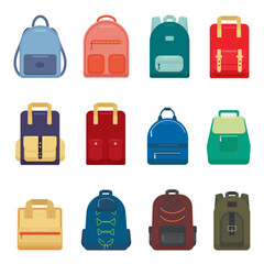 Large set of backpacks isolated on white background. Colorful, multi-colored sports, tourist and women's backpacks of various shapes. Cartoon style. Vector illustration in flat style