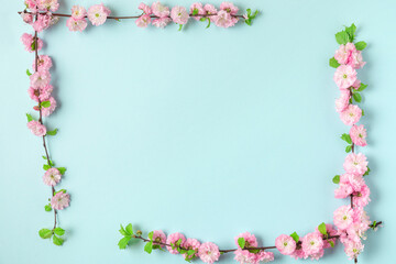 Fototapeta na wymiar Frame made of spring pink cherry blossom branches on blue background. Flat lay. Top view. Holiday or wedding layout
