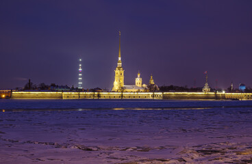 Shadows of St. Petersburg. Christmas holiday night in New Year's lights.