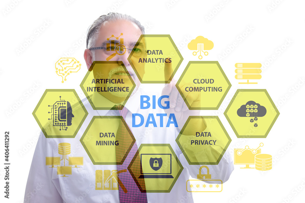 Poster big data concept with businessman pressing virtual button