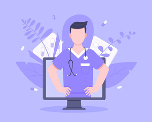 Online doctor medical service concept with doctor in the monitor screen vector illustration. Telemedicine web consultation for patients health care check ups and taking medicine prescription pills.