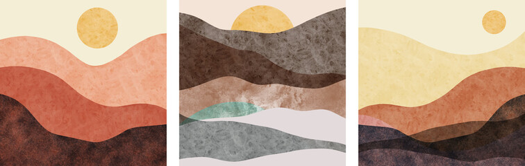 set of Abstract mountain landscape, oriental style. Minimalist design. Abstract water color. vector background illustration. © Kebon doodle