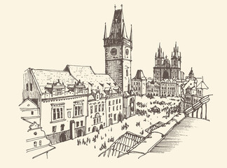 Architecture sketch illustration of Prague. Old town street in Prague, Czech Republic, Europe. Drawing urban landscape black and white in retro style. Travel sketch. Background colors kraft paper.