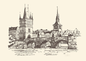 Architecture sketch illustration of Prague. Old town street in Prague, Czech Republic, Europe. Drawing urban landscape black and white in retro style. Travel sketch. Background colors kraft paper.