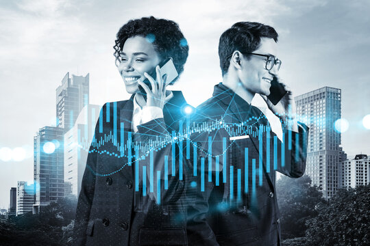 Two colleagues in multinational corporate team processing conference call to forecast the capital market behavior. Concept of trading strategy. Forex chart. Bangkok. Double exposure. - Powered by Adobe