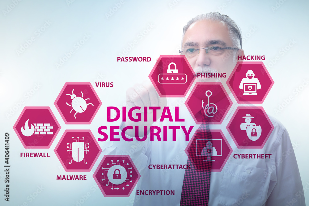 Poster digital security concept with businessman pressing button