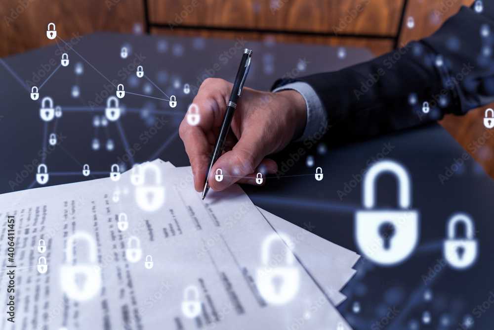 Poster a businessman in formal wear signing the contract to prevent probability of risks in cyber security.