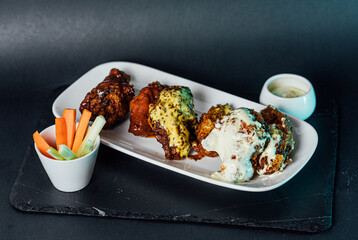 Pollo con salsas y verduras