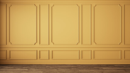 Modern classic yellow color empty interior with wall panels and wooden floor. 3d render illustration mock up.