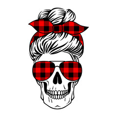 Female skull with aviator glasses and buffalo plaid pattern. Mom life skull. Vecto boho print. Messy bun.