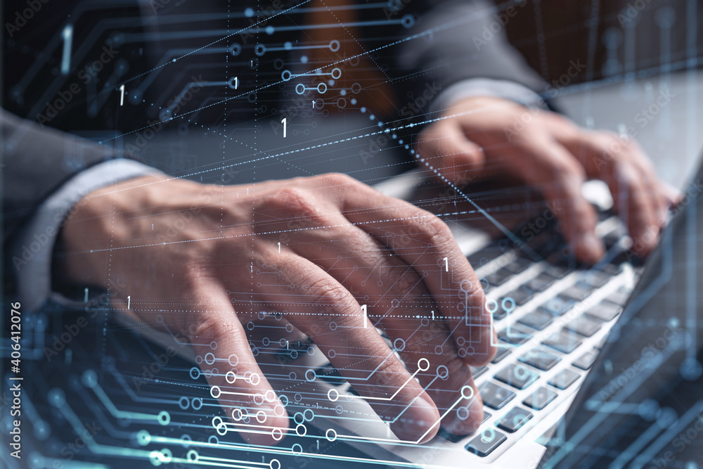 Poster hands typing the keyboard to create innovative software to change the world and provide a completely