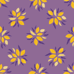 Yellow lemon seamless pattern in hand drawn style. Pastel purple background. Organic food print.