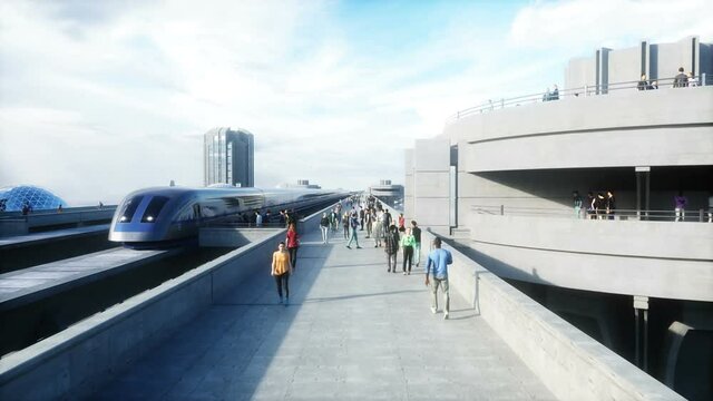 futuristic train station with monorail and train. traffic of people, crowd. Concrete architecture. Future concept. Realistic 4k animation.