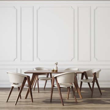 Classic white interior with dining table and chairs. 3d render illustration background mock up.
