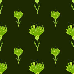 Doodle seamless pattern with green bright flower abstract print. Olive dark background.
