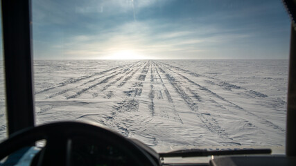 View from the cabin offroad truck on the Antarctic desert.