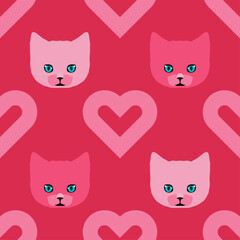 Seamless background with kitten and hearts. Valentine's Day. Vector illustration for web design or print.