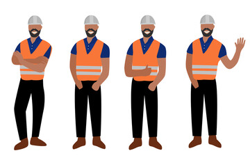 Obraz premium Set of character engineering, construction wearing uniform and hard hat, safety posing and gesturing vector, isolated man character set.