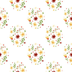 Ditsy seamless isolated pattern with multicolor pastel flowers and leaves botanic shapes. White background.