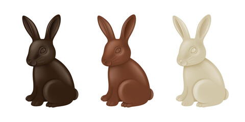 Set of chocolate Easter rabbits. Dark, milk and white chocolate bunnies	