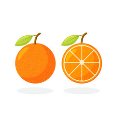 Set Oranges fruit - whole orange, half. Fruits isolated on a white background.