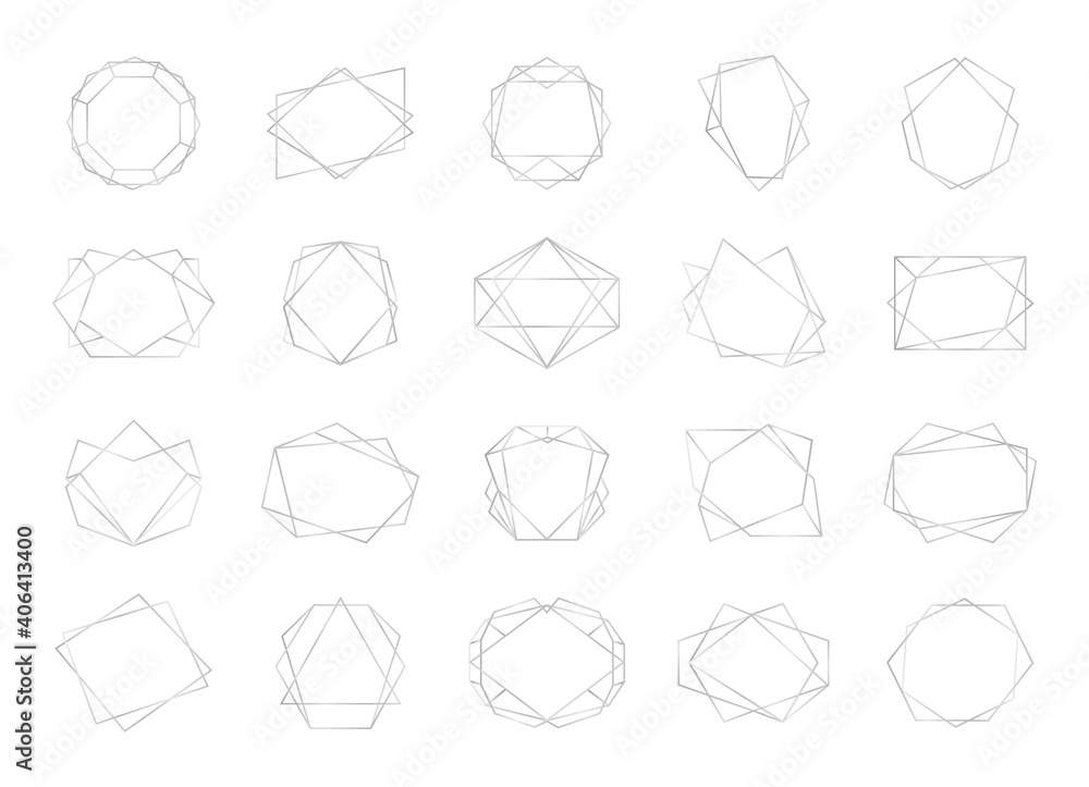 Poster Polyhedron frame. Silver empty multangular borders. Abstract geometric shapes with copy space. Collection of modern blank frameworks templates. Decorative crystal elements, vector flat contour set